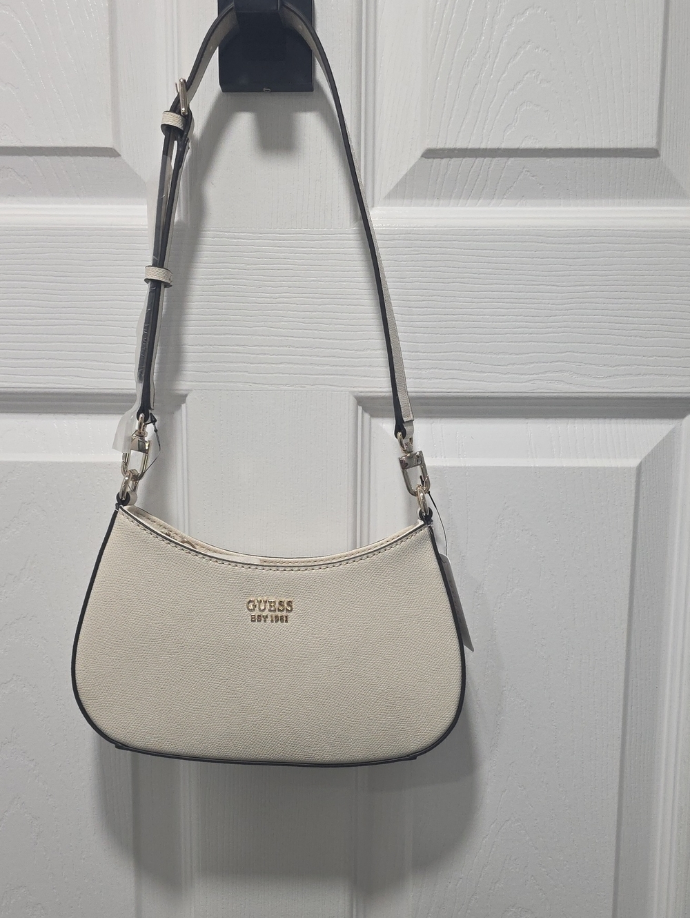 GUESS Cream Shoulder Bag with Black Trim - Sleek Crescent Crossbody